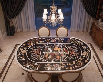 Oval Black Marble Inlay Table Top | Handmade Pietra Dura Art