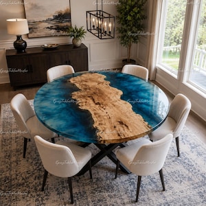 Round Blue Epoxy River Dining Table Top – Live Edge Olive Wood Tabletop – Handmade Ocean Resin Table Blue Epoxy River Round Dining Table Top