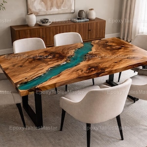 Turquoise Resin River Table, Live Edge Olive Wood Dining Table, Rectangular Epoxy Table, Coastal Luxury Furniture, Custom Table , table top