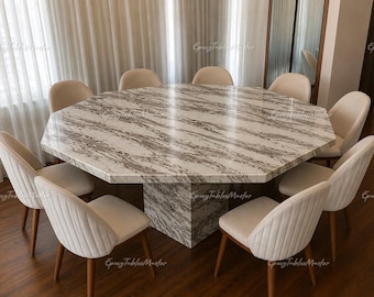 Calacatta Marble Octagon Dining Table | Luxury Natural Stone Dining Table | Modern Marble Pedestal Table Octagon Calacatta Marble Dining top