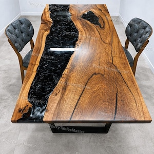 Black Epoxy Resin River Table, Live Edge Walnut Dining Table, Custom Solid Wood Kitchen Table, Luxury Furniture, Black Epoxy Dining Tabletop
