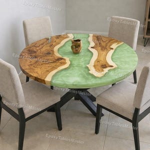 Emerald Green Epoxy River Table Round, Olive Wood Dining Table, Live Edge Resin Furniture, Modern Tabletop Emerald Green River Dining Table,