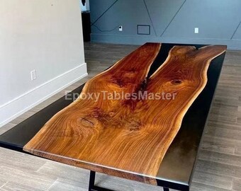 Black Epoxy River-tafelblad: live edge hout, op maat gemaakt bureau of eetkamer