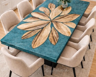 Olive Wood River Dining Table, Blue Epoxy Resin Top, Handmade Statement Piece