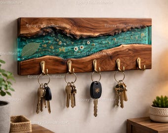 Live Edge Walnut Key Holder – Teal Epoxy River with Real Flowers – Handmade Wall Key Rack – Rustic Modern Decor – Walnut Wood Key Rack