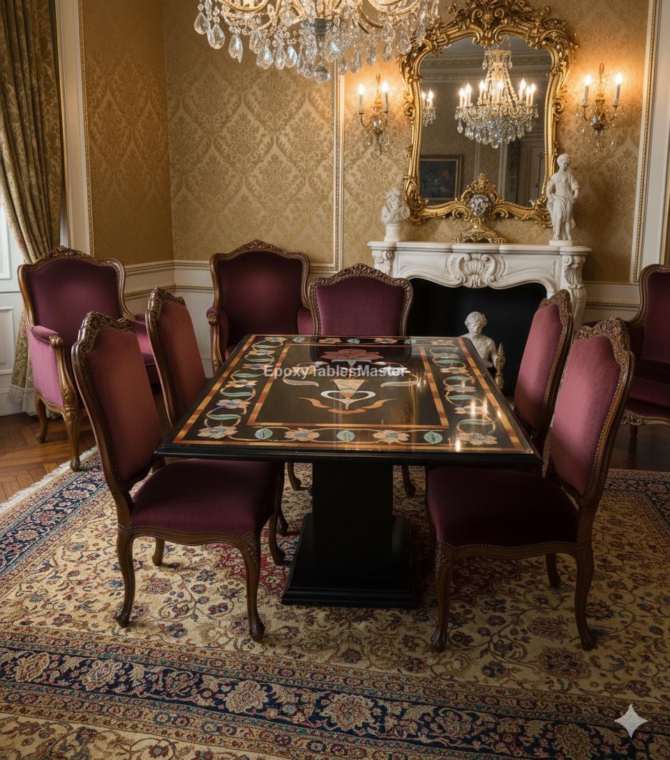 Luxurious Black Marble Pietra Dura Dining Table | Handcrafted