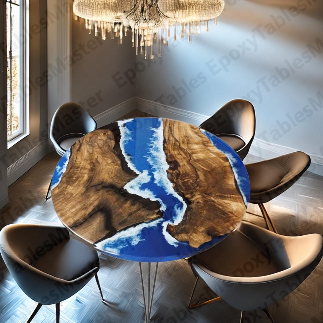 Round Blue Epoxy Ocean River Table Top • Live Edge Wood & Resin Dining ...