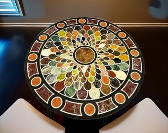 Black Marble Gemstone Table Top | Handmade Pietra Dura Mosaic