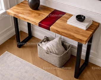 Luxury Red Epoxy River Console Table Top – Live Edge Wood Entryway Table top – Handmade Modern Resin Furniture Red Epoxy Console Table Top –
