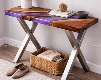 Purple Epoxy River Console Table, Live Edge Walnut Wood Entryway Table top, Handmade Resin Sofa Table Purple Resin River Console Table top,