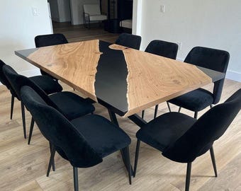 Live Edge Acacia Wood Epoxy River Table: Ocean Blue Resin Dining Tabletop