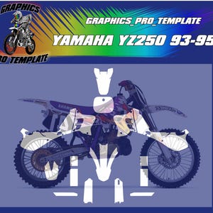 Könnte beinhalten: Eine Grafikdesign-Vorlage für ein Yamaha YZ250 Motorrad, Baujahr 93-95. Das Design weist ein weißes, lila und gelbes Farbschema auf. Das Bild enthält den Text "Graphics Pro Template".