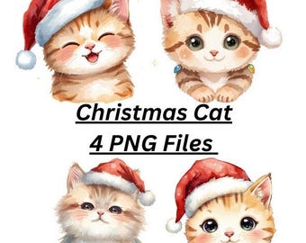 Watercolor Christmas Cat Clipart, Festive PNG Files (Digital Download)