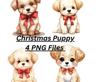 Watercolor Christmas Puppy Clipart, Festive PNG Files (Digital Download)
