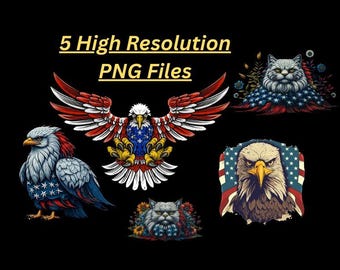 American Eagle and Cat with US Flag Instant Download Pack 5 PNG files only!