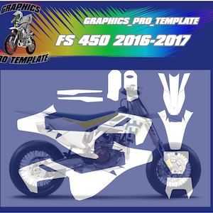 May include: White and yellow motorcycle graphics kit for a Husqvarna FS 450 2016-2017. The kit includes a front fender, side panels, number plates, and more.