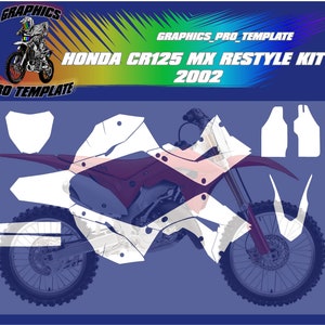 May include: A white and red Honda CR125 MX Restyle Kit for the 2002 model year. The kit includes graphics for the front fender, side panels, rear fender, and number plates.