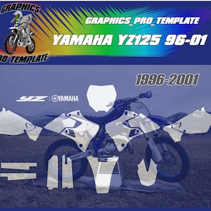 Könnte beinhalten: Grafikdesign für ein Yamaha YZ125 Motorrad, Modelljahre 1996-2001. Das Design umfasst ein vollständiges Motorradbild und separate weiße und blaue Aufkleber. Der Text "GRAPHICS PRO TEMPLATE" ist sichtbar.