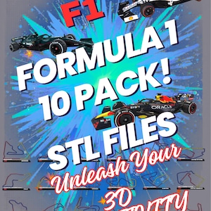 Pode incluir: Um cartaz promocional com o texto "F1 FORMULA 1 10 PACK! STL FILES Unleash Your 3D CREATIVITY". A imagem apresenta carros de corrida de Fórmula 1 e layouts de pistas, num fundo azul e cinzento.
