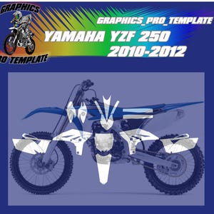 Könnte beinhalten: Yamaha YZF 250 Motorrad-Grafik-Kit für die Modelljahre 2010-2012. Das Kit enthält weiße, blaue und schwarze Grafiken mit dem Yamaha-Logo.