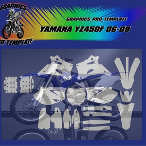 Könnte beinhalten: Yamaha YZ450F 06-09 Motorrad Grafik-Kit-Vorlage. Die Vorlage zeigt die Platzierung der Grafiken auf dem Motorrad. Die Grafiken sind weiß mit blauen Akzenten. Die Vorlage enthält den Text "GRAPHICS_PRO_TEMPLATE" und "YAMAHA YZ450F 06-09".