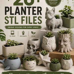 Könnte beinhalten: Eine Auswahl an 3D-gedruckten Pflanzgefäßen in verschiedenen Formen, darunter eine Bulldogge, eine Eule und ein Baumstamm. Das Bild zeigt den Text "26+ PLANTER STL FILES" und "UNIQUE DESIGNS FOR EVERY SPACE". Die Pflanzgefäße sind für Sukkulenten, Kräuter und kleine Pflanzen geeignet.