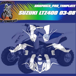 May include: White Suzuki LTZ400 03-08 ATV graphics kit with black and white accents. The kit includes graphics for the front, sides, and rear of the ATV. The graphics are designed to be applied to the ATV's bodywork.