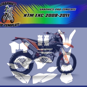 Op de afbeelding: Een KTM EXC 2008-2011 motorfiets sjabloonontwerp. De afbeelding toont een motorfiets in oranje, zwart en wit, tegen een blauwe achtergrond. De tekst "GRAPHICS PRO TEMPLATE" en "KTM EXC 2008-2011" zijn zichtbaar.