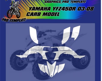 May include: White graphic design template for a Yamaha YFZ450R ATV, model years 2003-2008. The design includes graphics for the front, rear, and sides of the ATV. The text "YAMAHA YFZ450R 03-08 CARB MODEL" is included in the design.