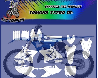 Puede incluir: Plantilla de kit de gráficos Yamaha YZ250 15-. La plantilla muestra la colocación de los gráficos en la motocicleta. Los gráficos son blancos con contornos negros.