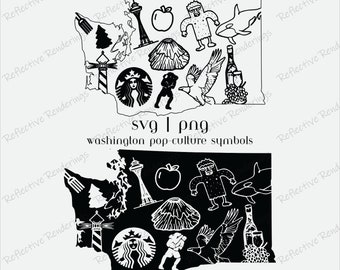 Washington Symbols SVG Pack | WA Pop Culture SVG | Unique Washington State Map svg | Washington State png | Washington Pop Culture Clip Art