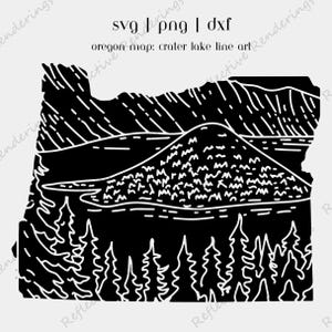 Oregon State kaart SVG met Crater Lake lijntekeningen | Oregon natuur Cricut Cut bestand digitale download | Ontwerp nationaal park Crater Lake voor Xtool