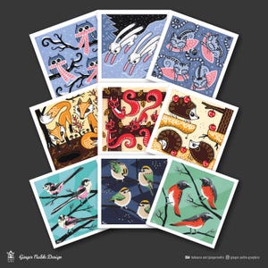 Ensemble de 9 cartes postales d'art ANIMAUX ET SAISONS