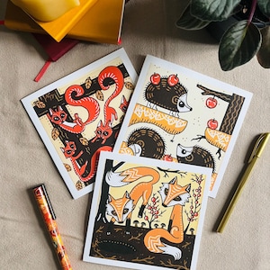 Lot de 3 cartes postales d'art AUTOMNE dans les BOIS