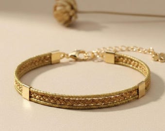 Pulsera trenzada oro vegetal capim dourado SLOWECO MACARENA, Regalo original ecológico elegante, Pulsera Semirrígida, Comercio justo 6,5x5cm
