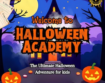 May include: A digital graphic with the text "Welcome to Halloween Academy" in orange against a spooky castle backdrop. Two jack-o'-lanterns flank the text, with additional text stating "The Ultimate Halloween Adventure for kids."