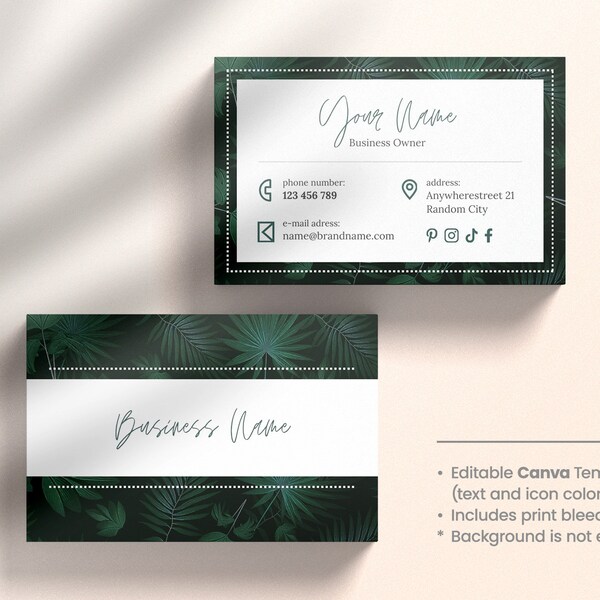 Business Card Template, modern style, DIY, Canva template, Exotic Business Card, dark green color, Palm leaves pattern.