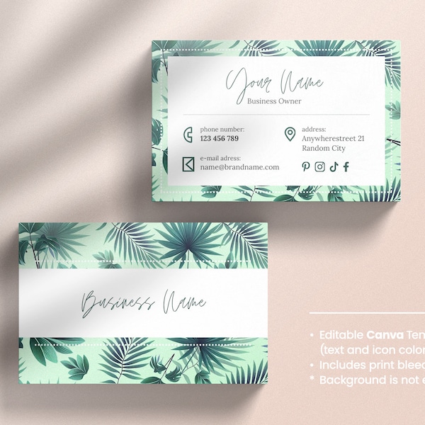 Business Card Template, modern style, DIY, personized Canva template, Exotic Business Card, green color, Palm leaves pattern.