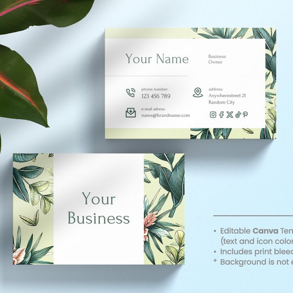 Tropical Business Card Template, DIY, Canva template, Exotic Business Card, Fresh colors, Palm leaves pattern, Yellow-citrone