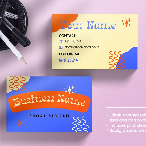Retro Business Card, Editable Canva Template, Retro Branding, Groovy Style, 70's business card, Groovy Business Card, Funky design