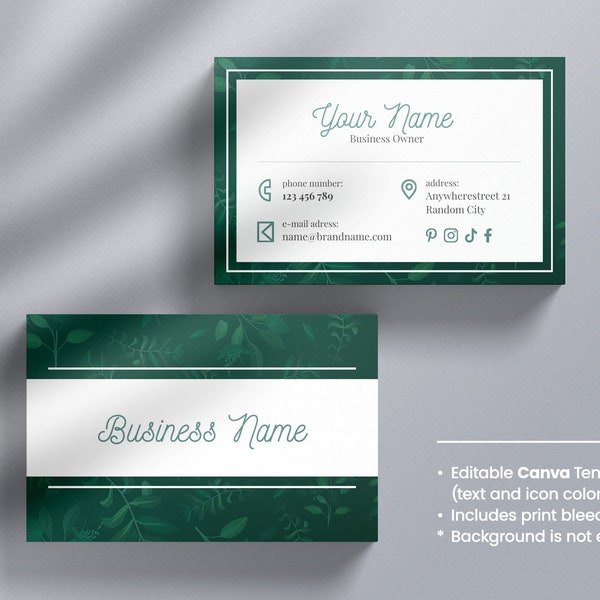 Greenery Business Card Template, modern and elegant style, DIY, Canva template, Dark Business Card