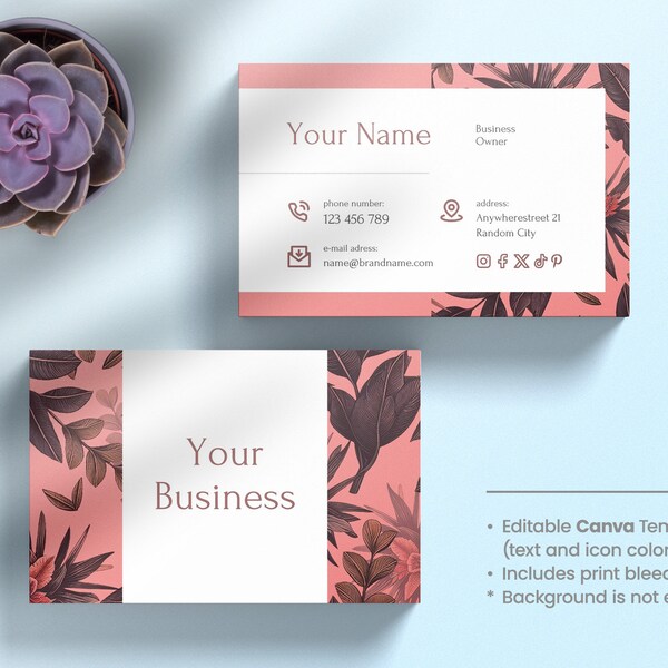 Tropical Business Card Template, modern style, DIY, Canva template, Exotic Business Card, pink color, Palm leaves pattern.