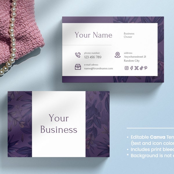Tropical Business Card Template, DIY, Canva template, Exotic Business Card, purple color, Palm leaves pattern, Gothic Violet card.