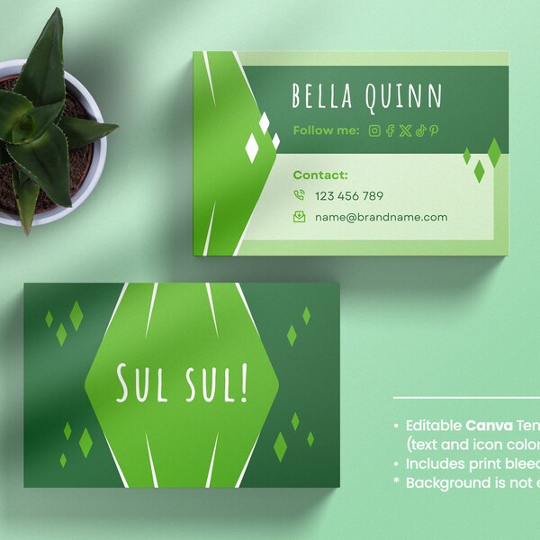 The Sims style Business Card, Funky, Sul Sul, Editable Canva Template, Groovy Style, 70's businesscard, Plumbob, retro, Sim inspired