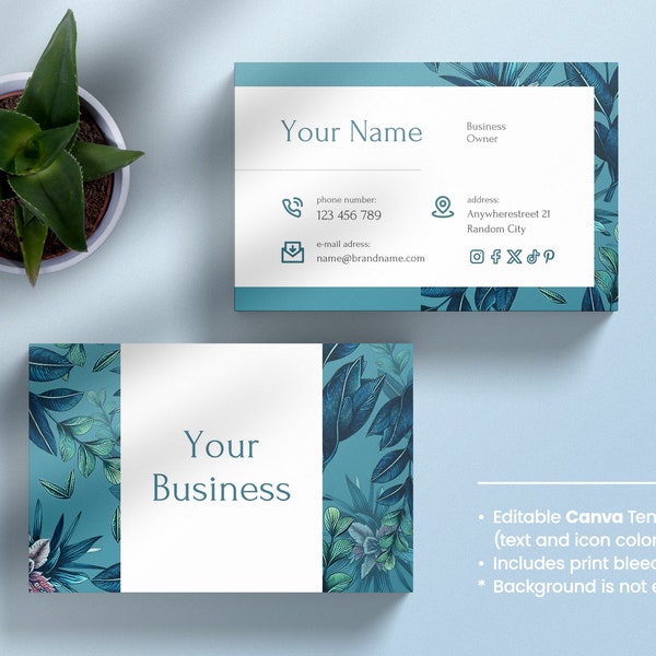 Tropical Business Card Template, DIY, Canva temp late, Exotic BusinessCard, Fresh colors, Palm leaves pattern, Blue color