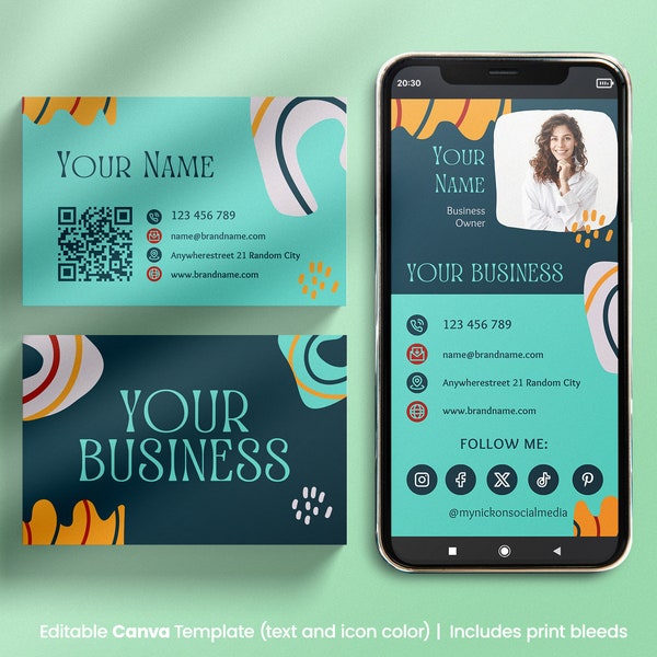 Retro Digital Business Card, Editable Canva Template, Groovy Style, 70's branding, Mobile Business Card, Funky, colorful, QR code, original