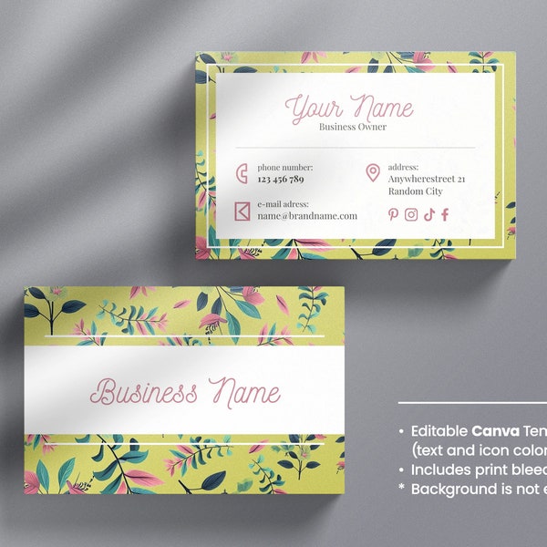 Flowery Business Card Template, vintage yellow color, cute, and feminine style, DIY, Canva template, editable