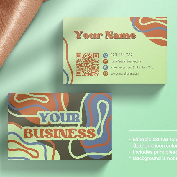 Retro Business Card, Vintage Style, Editable Canva Template, Groovy Style, 60's branding, Groovy Business Card, Funky, Old Fashion, QR code