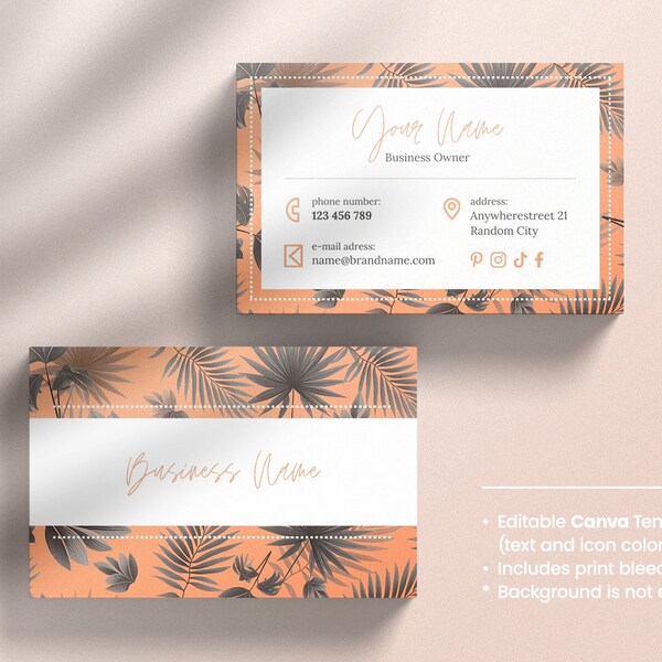 Business Card Template, modern style, DIY, Canva template personized, Exotic Business Card, peach color, Palm leaves pattern.