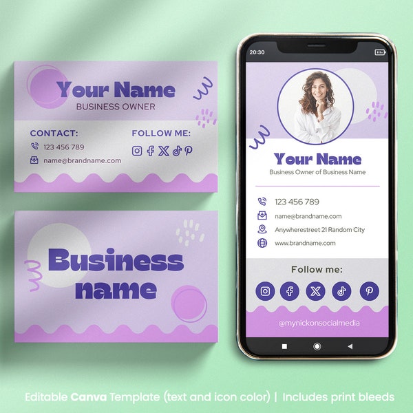 Retro Digital Business Card, violet, Editable Canva Template, Groovy Style, Mobile Business Card, Funky, colorful, Re tro, purple shades
